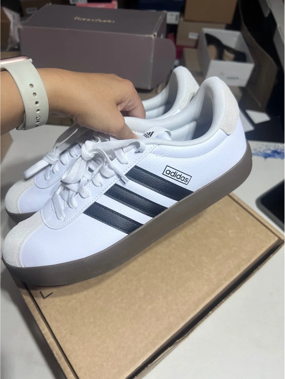Adidas White Sneakers with Black Stripes and Brown Sole, Size 11 US